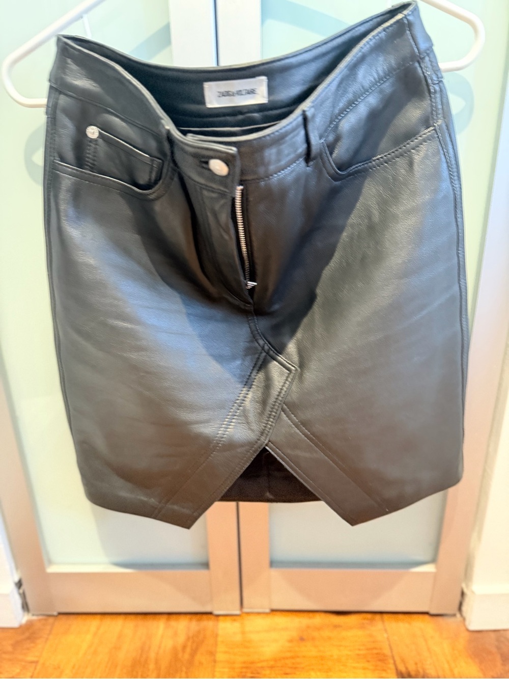Zadig & Voltaire Black Leather Mini Skirt with Front Overlap